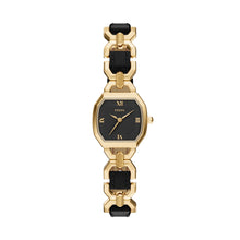 Load image into Gallery viewer, Harlow Three-Hand Black Leather and Gold-Tone Stainless Steel Watch