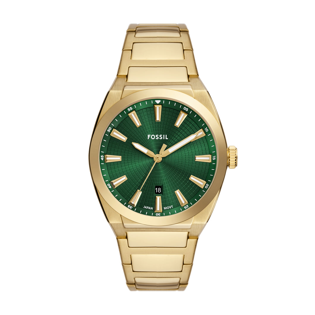 Everett Three-Hand Date Gold-Tone Stainless Steel Watch โ Fossil