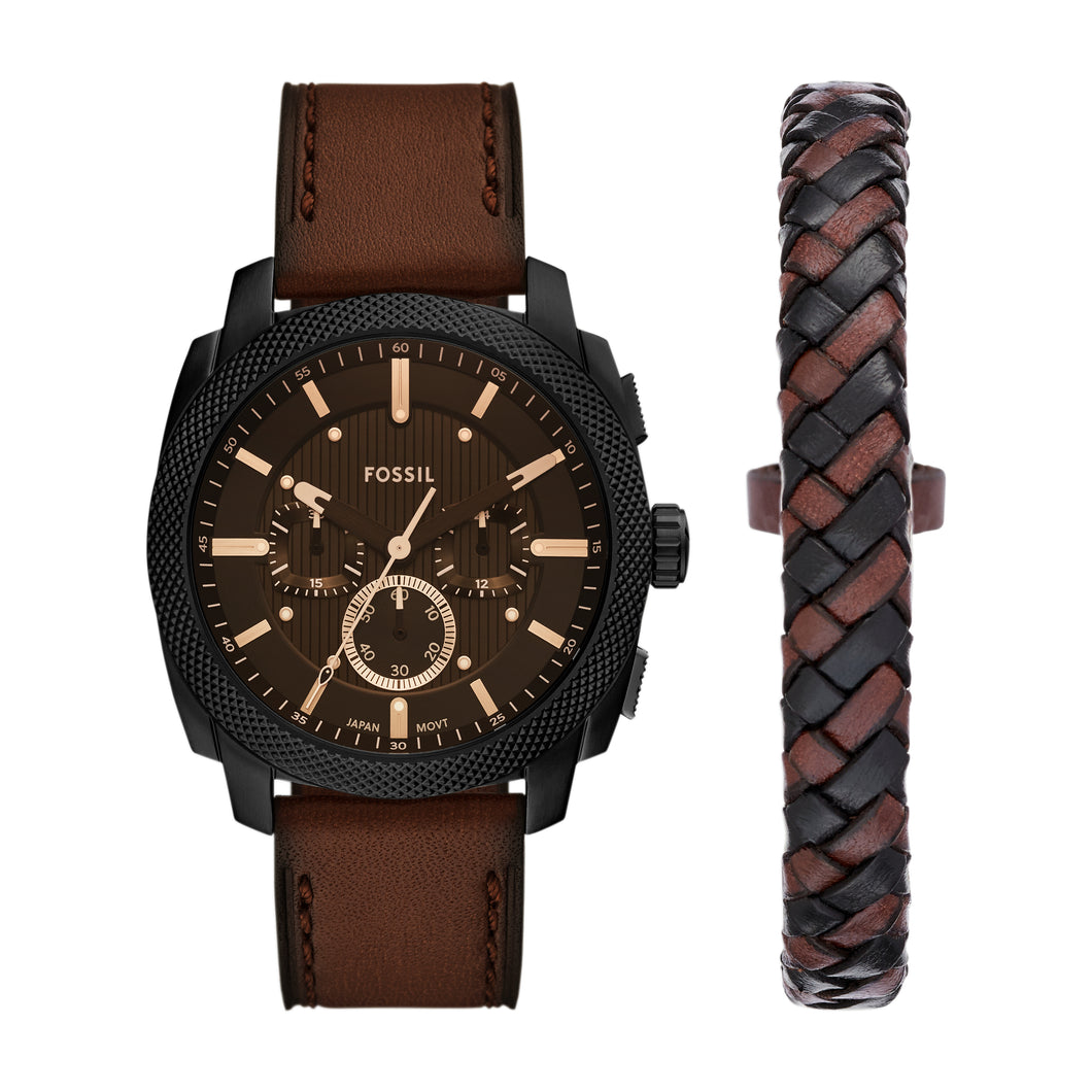 Machine Chronograph Brown Leather Watch and Bracelet Set