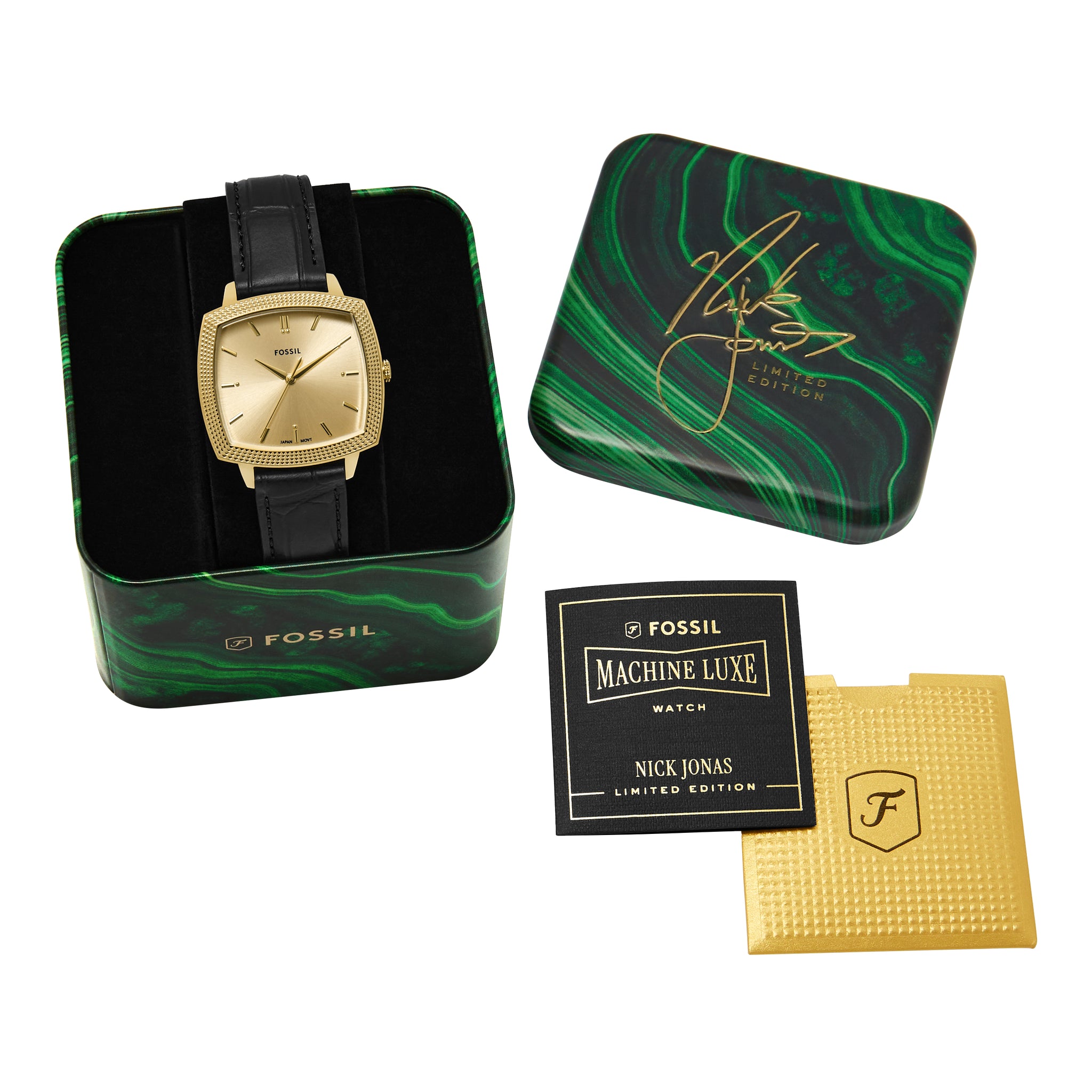 Nick Jonas x Fossil Machine Luxe Three-Hand Black Croco Leather