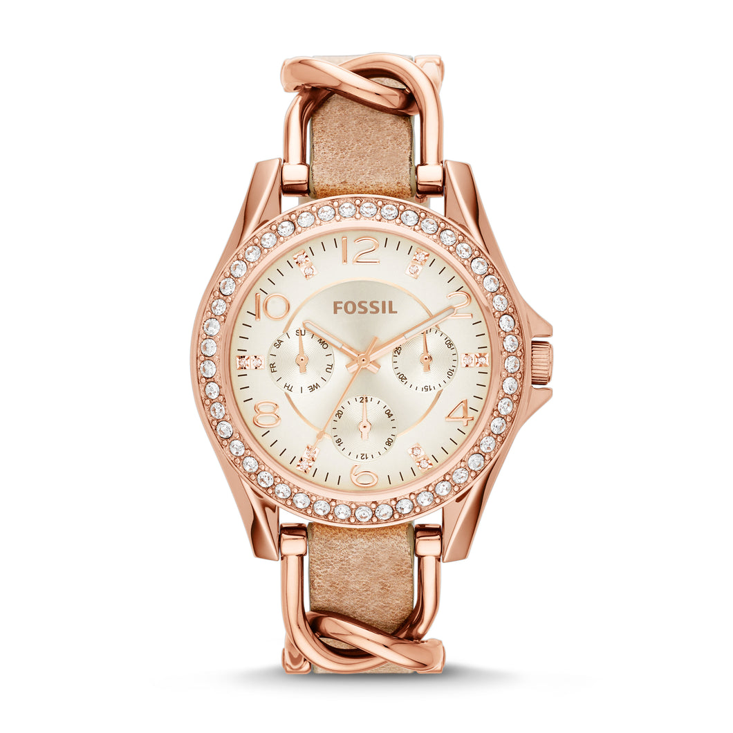 Riley Multifunction Rose-Tone & Sand Leather Watch